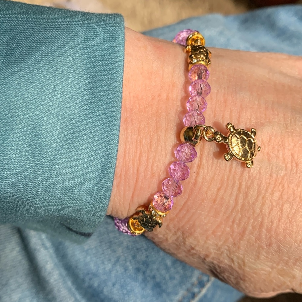 One Turtle Charm Bracelet lavender Beaded Gold Turtle Bracelet